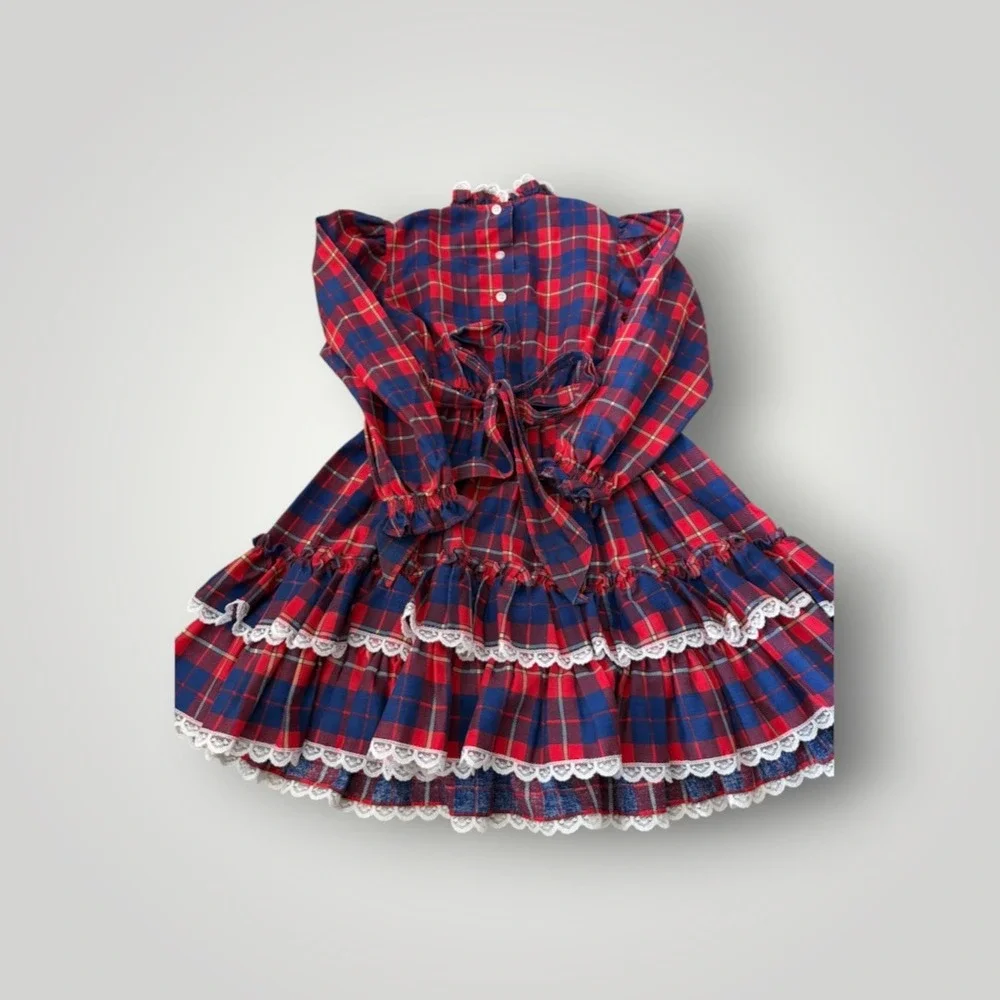 Winnie The Pooh Vintage Plaid Lace Ruffle Dress Kids 7 Red Victorian USA Tartan